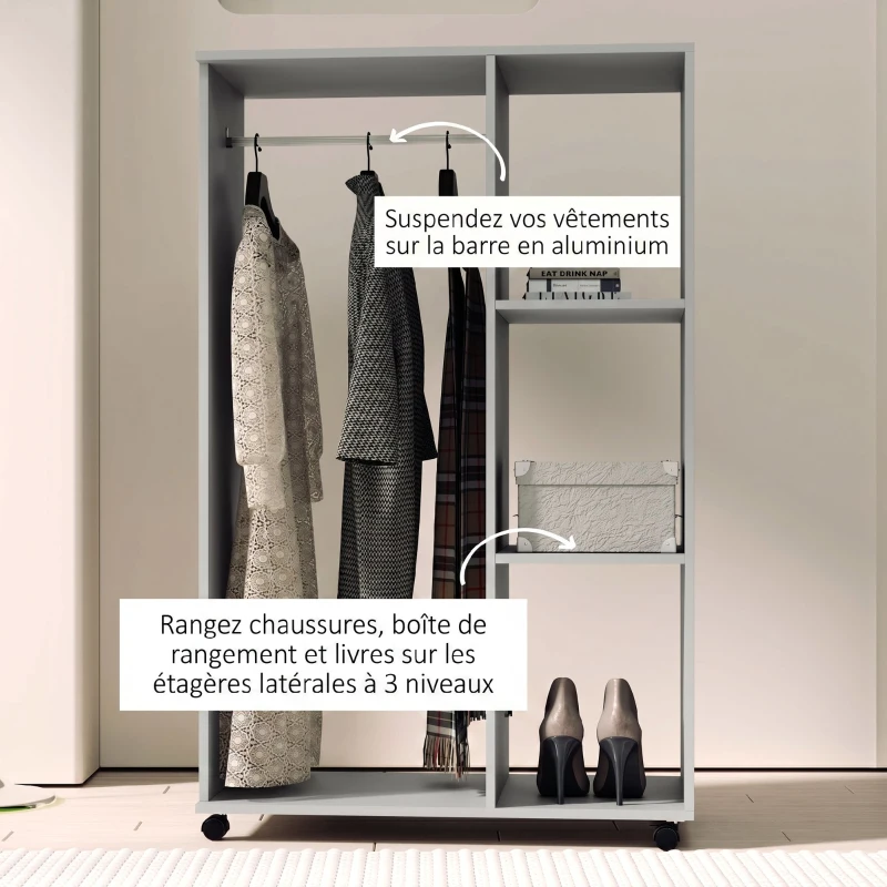 HOMCOM Armoire penderie meuble de rangement mobile 4 roulettes avec tringle à vêtements et étagères ouvertes, gris