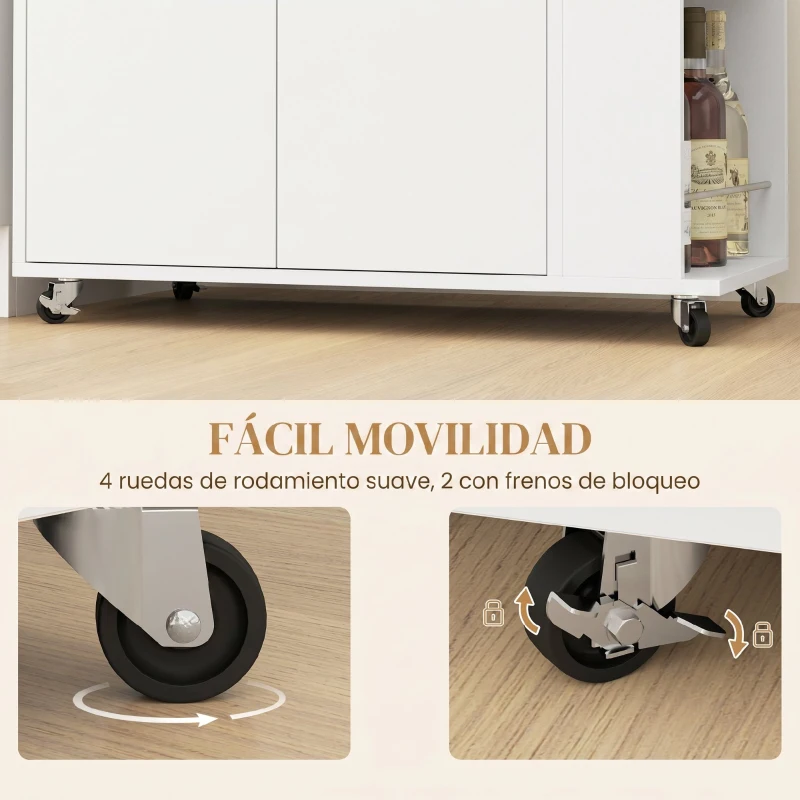 HOMCOM Carrito de Cocina con Ruedas 2 Puertas Estante Ajustable Especieros para Comedor 75x40x80,5 cm Blanco