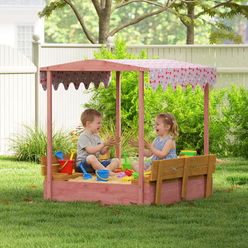 AIYAPLAY Wooden Sandbox with Lid, Flamingos Print Canopy, Kids Outdoor Sand Pit with Foldable Bench Seats, Bottom Liner, Pink