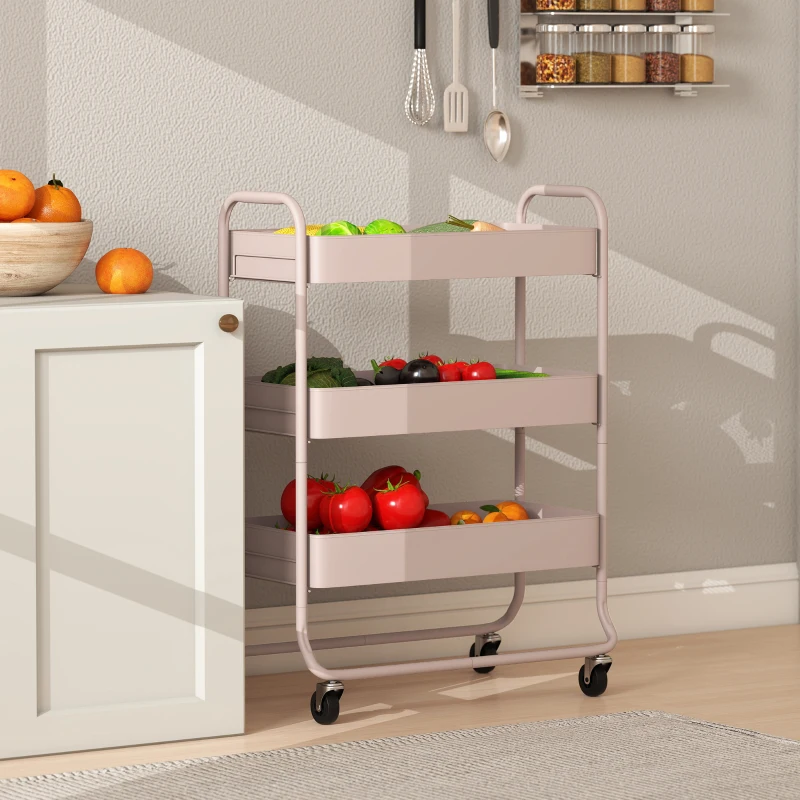 HOMCOM 3-Tier Storage Trolley on Wheels, Rolling Utility Cart with Mesh Backets for Kitchen, Bathroom, Bedroom, Light Pink