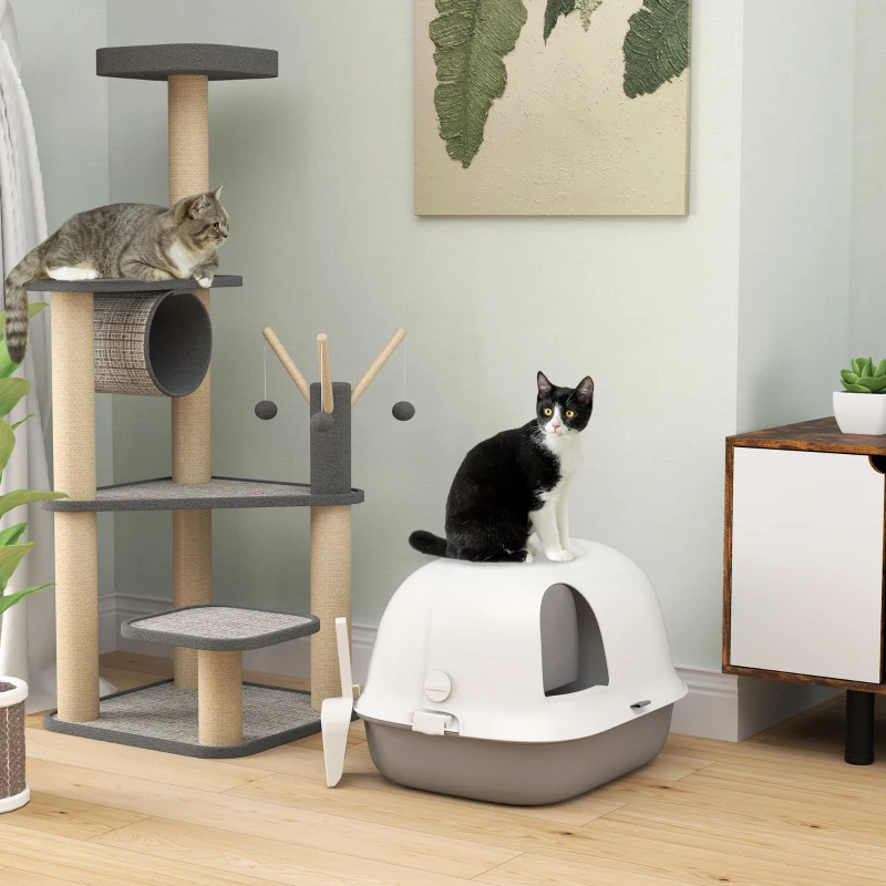 PawHut Bac à litière pour chat maison de toilette chat avec porte pelle toit avant ouvrant 58 x 46 x 39 cm gris clair et blanc