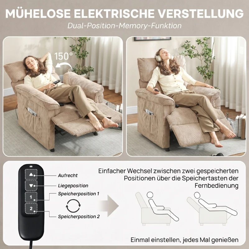 HOMCOM Fauteuil relax électrique massant et chauffant, fauteuil inclinable en velours côtelé, moteur ultra-silencieux, marron