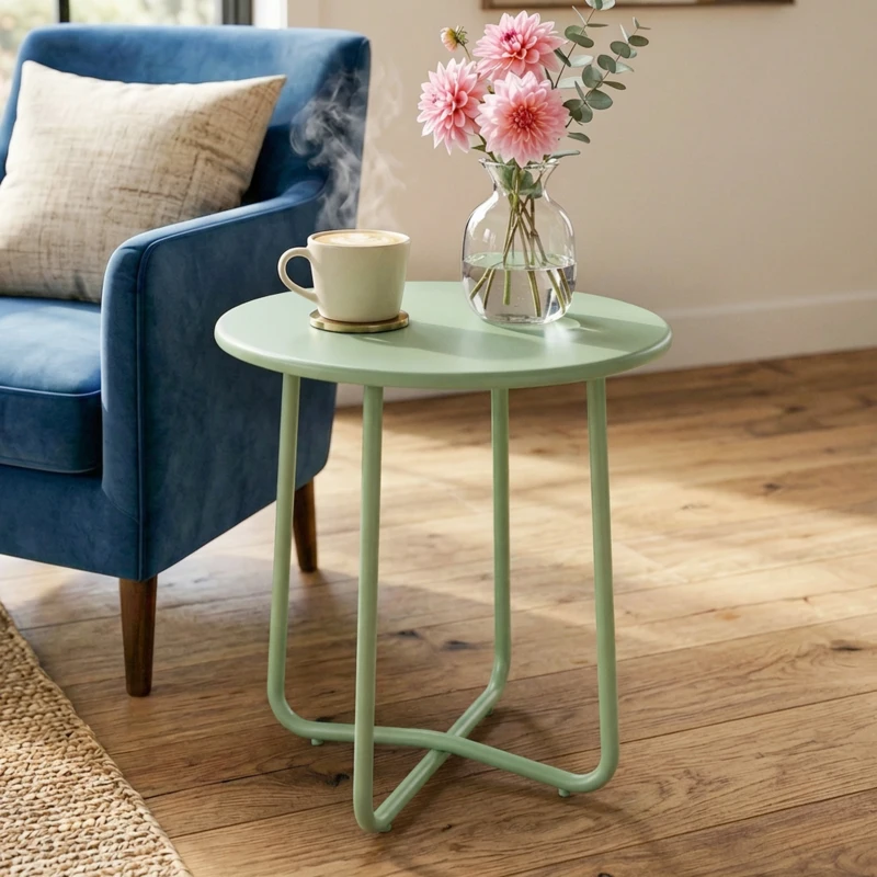 Outsunny Table Basse Extérieure avec Bord Enroulé, Base en X avec Pieds Réglables en Hauteur, pour Salon Terrasse, Ø48x51cm, Vert