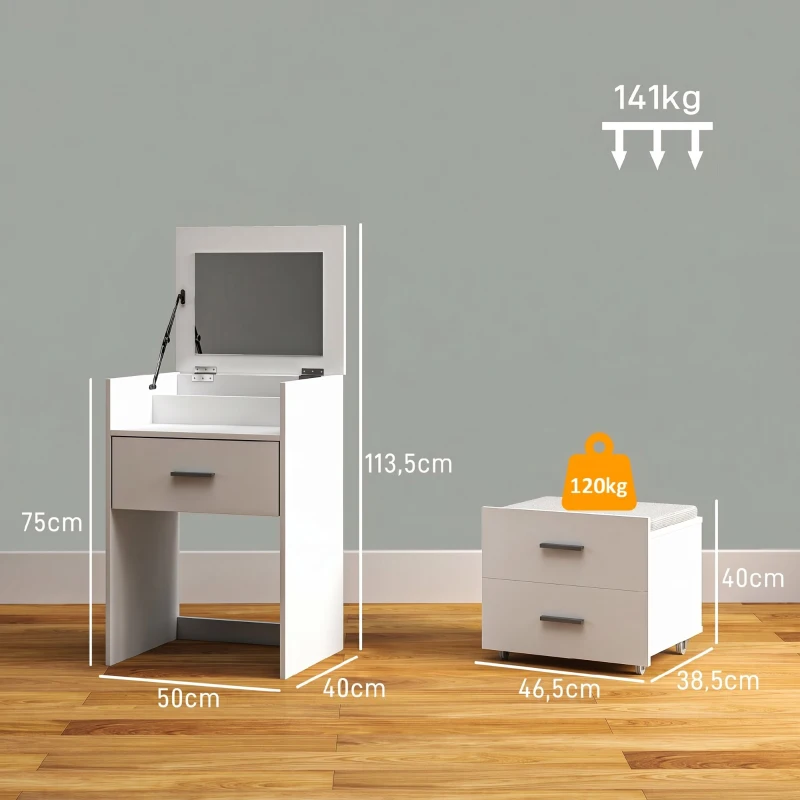 HOMCOM Coiffeuse avec miroir relevable et tabouret à roulettes, table de maquillage avec 2 tiroirs, coussin amovible, blanc(m-3)