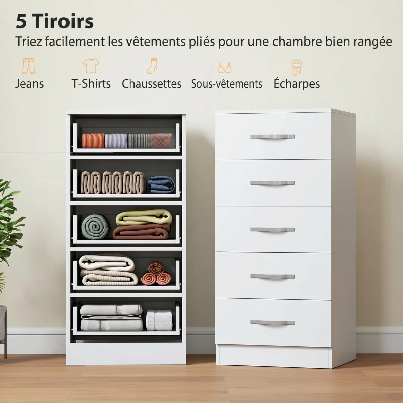 HOMCOM Commode 5 tiroirs, meuble de rangement étroit, style moderne, pour chambre à coucher, salon, couloir, 40x35x85cm, blanc