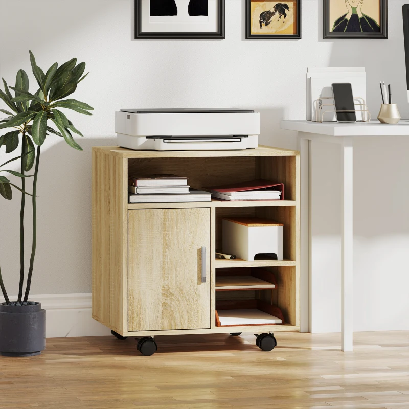 HOMCOM Support d'imprimante organiseur bureau caisson placard porte 3 niches + grand plateau panneaux particules bois naturel