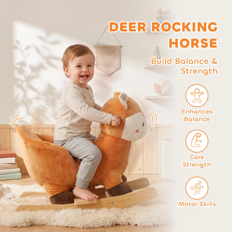 AIYAPLAY Rocking Horse, Ride on Horse Deer Design with Sounds, Security Belt, Rocking Stopper, for Toddlers 1-3 Years, Brown