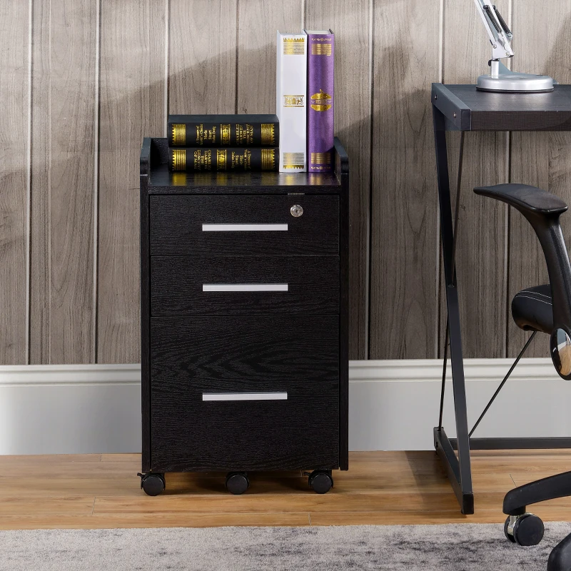 HOMCOM Cassettiera Portadocumenti in Legno a 3 Cassetti con Chiavi di Sicurezza e 5 Ruote, 39.2x40x65.4 cm, Nero