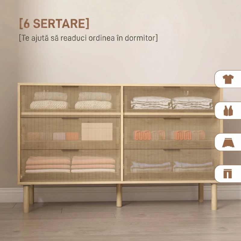 HOMCOM Comodă cu 6 Sertare din Lemn pentru Dormitor și Hol, Stil Nordic, 120 x 39,5 x 75 cm, Stejar