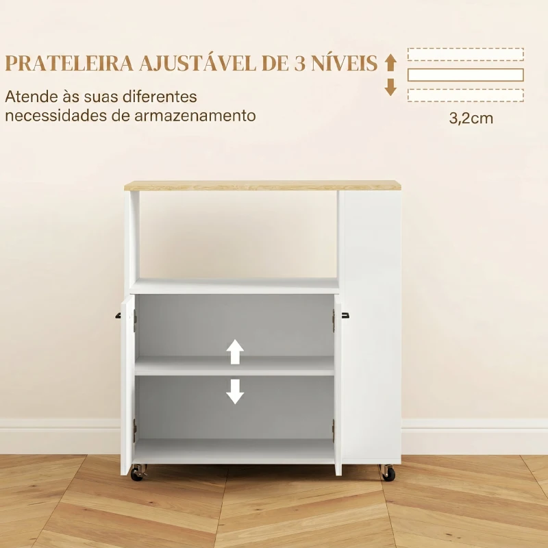 HOMCOM Carrinho de Cozinha com Rodas 2 Portas Prateleira Ajustável e Porta-Especiarias 75x40x80,5 cm Branco e Carvalho