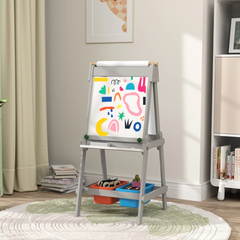 AIYAPLAY Pizarra Infantil con Caballete Pizarra de Doble Cara con Rollo de Papel Borrador Cajas de Almacenamiento Gris