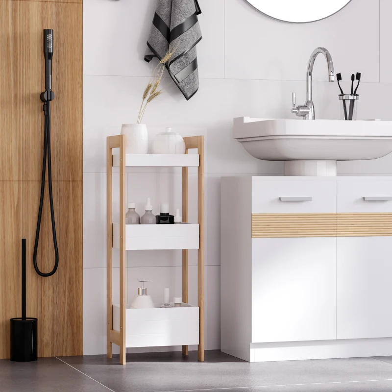 HOMCOM Mobiletto Bagno Multiuso, Scaffale da Bagno a 3 Ripiani Compatto in Legno MDF e Bambù, Bianco, 27.5x20.8x74cm