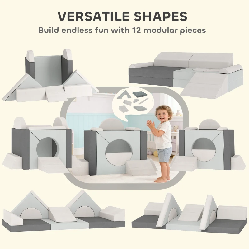 AIYAPLAY Kids Play Sofa, 12 Pieces Foam Modular Soft Play Set for Playroom, Children Convertible Sofa for Boys and Girls, Grey