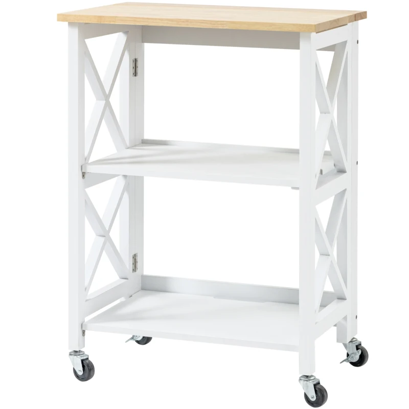 HOMCOM Carrito de Cocina Plegable Carro Auxiliar con Ruedas Carro Verdulero con 2 Estantes para Comedor 60x40x84 cm Blanco