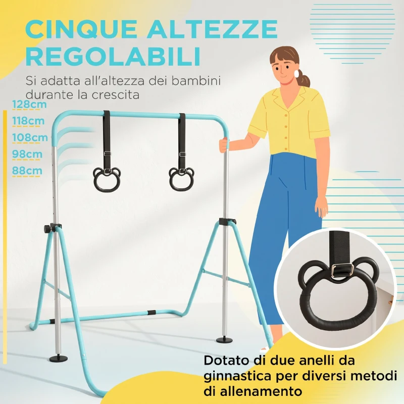 HOMCOM Sbarra Ginnastica Artistica per Bambini ad Altezza Regolabile con 2 Anelli, in Acciaio, Verde Chiaro