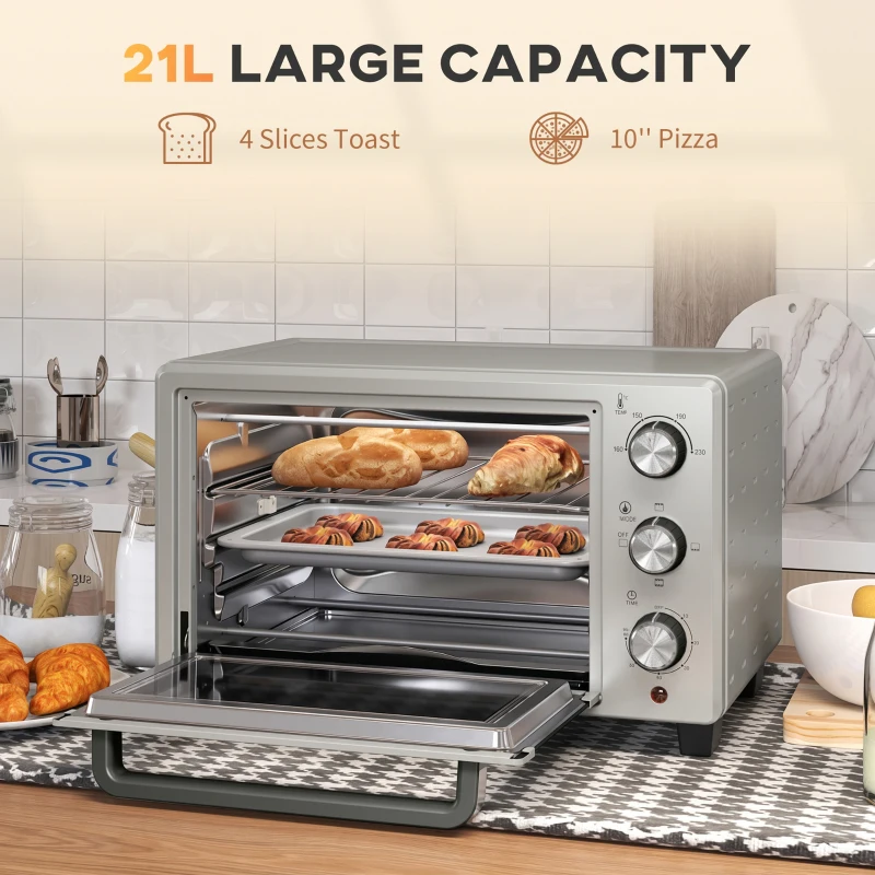 HOMCOM 21L Mini Countertop Oven, 100°C-230°C Adjustable Temp - Silver Tone