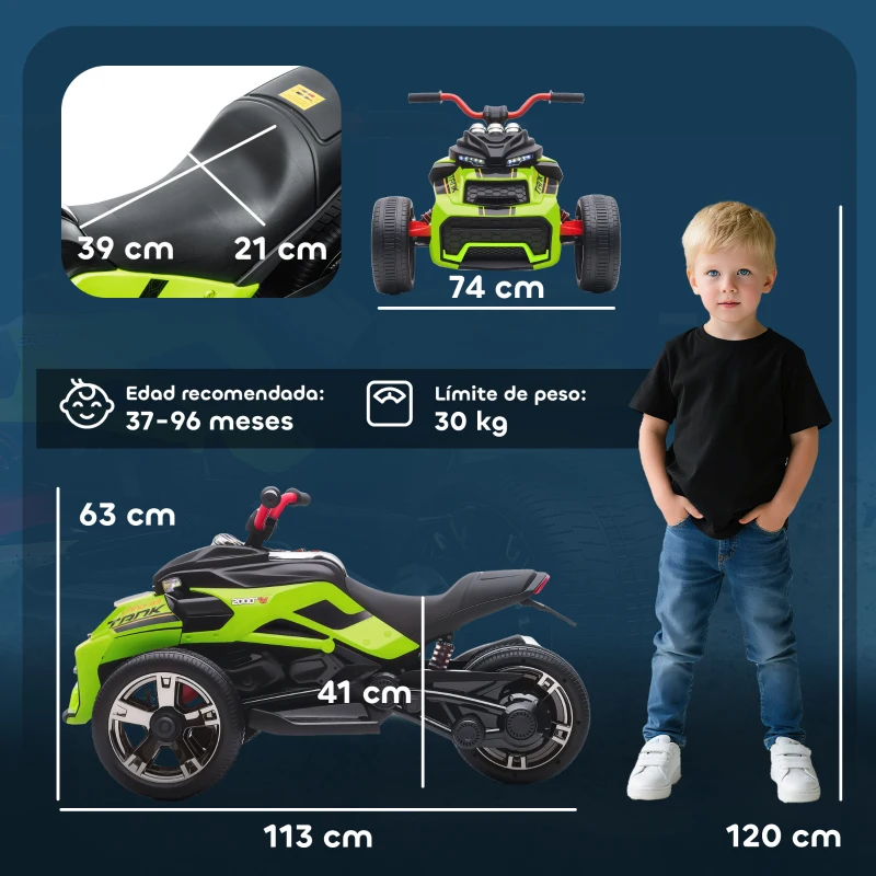 AIYAPLAY Quad Eléctrico para Niños 12V con 2 Motores Velocidad hasta 5 km/h 3 Ruedas Suspensión Verde