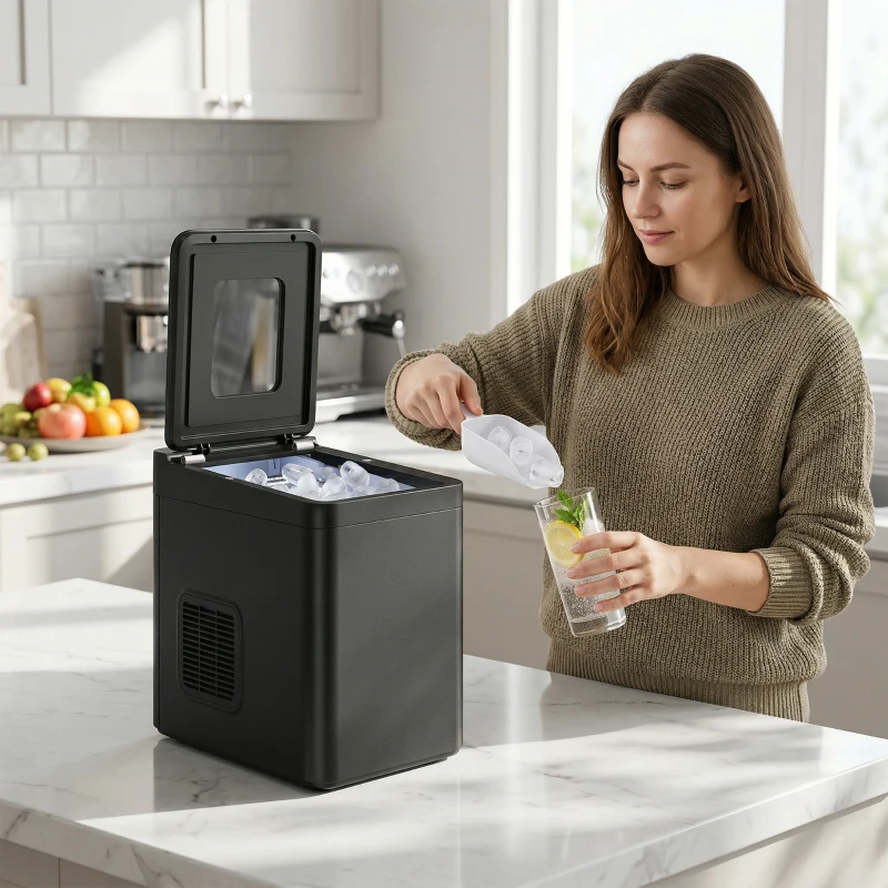 HOMCOM Countertop Ice Maker Machine Self-Cleaning Compact Ice Machine with Ice Scoop and Basket Black