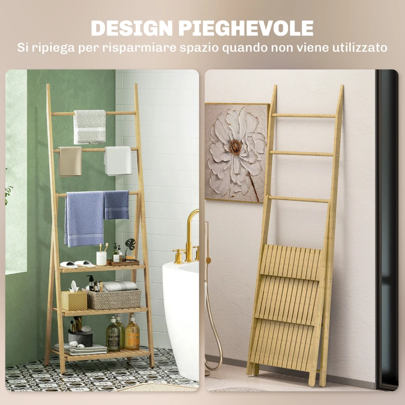 HOMCOM Scaffale Bagno 3 Ripiani con Porta Asciugamani a 3 Barre, Autoportante e Pieghevole in Legno di Bambù