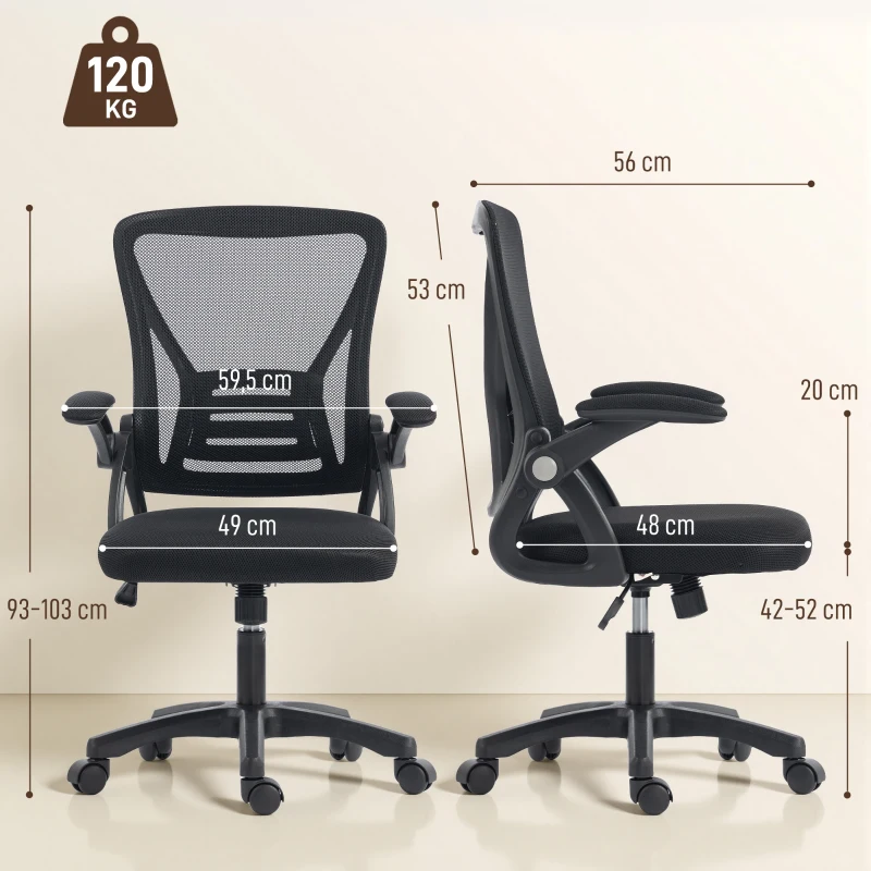 HOMCOM Chaise bureau ergonomique, fauteuil de bureau en maille, accoudoirs relevables, hauteur réglable, 59,5x56x103cm, noir