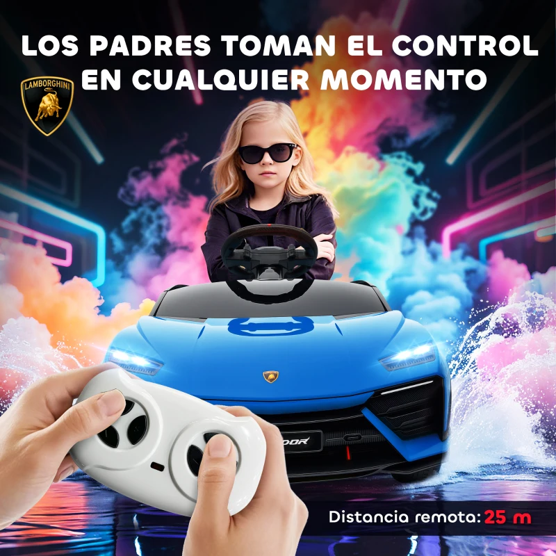 AIYAPLAY Coche Eléctrico para Niños de +3 Años con licencia Lamborghini Batería 12V Mando a Distancia 2,4 G Motor Doble Azul