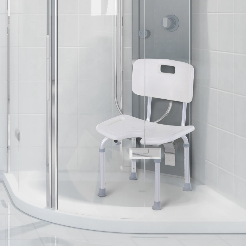 HOMCOM Taburete de Ducha Silla de Baño con Respaldo Altura Ajustable en 6 Niveles Pies Antideslizantes para Ancianos 39,5x36,5x71-83,5 cm Blanco