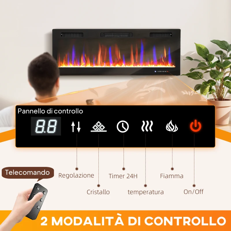 HOMCOM Camino Elettrico da Incasso o a Parete con Temperatura Regolabile, in Acciaio e Vetro, 127x9.4x47 cm, Nero