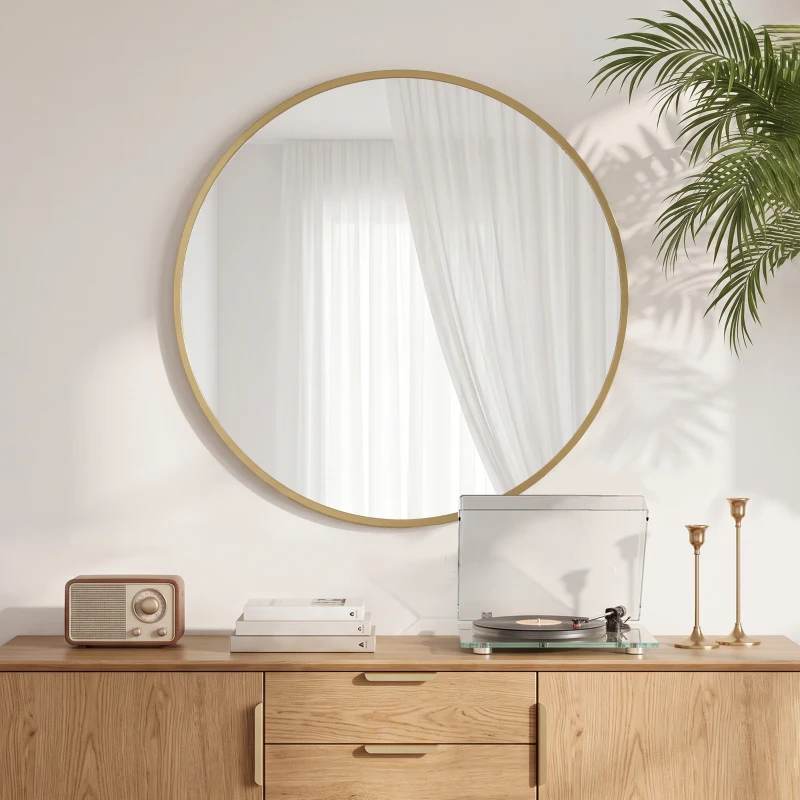 HOMCOM Miroir mural rond Ø 61 cm, cadre en alliage d'aluminium, pour salle de bain, chambre, salon, couloir, doré