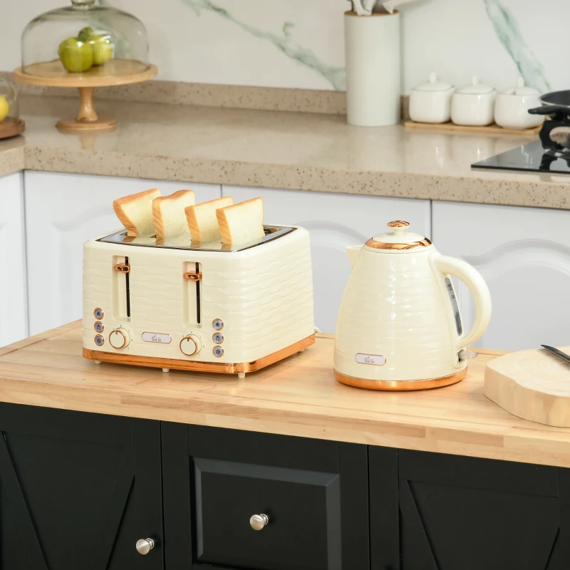 HOMCOM 3000W 1.7L Rapid Boil Kettle & 4 Slice Toaster, Kettle and Toaster Set with 7 Browning Controls and Crumb Tray, Beige