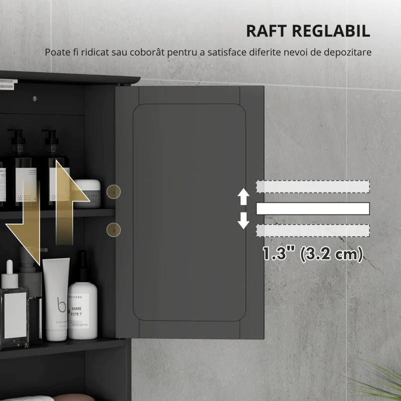 kleankin Dulap de baie cu oglindă Dulap de perete cu 2 uși Raft deschis Raft reglabil 56x13x58cm Negru