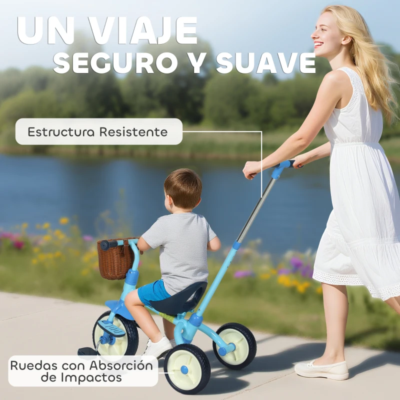 AIYAPLAY Triciclo para Bebés 2 en 1 para 2-5 Años con Barra Parental Pedales Antideslizantes, Reposapiés Plegables y Cesta Azul