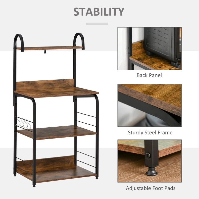 HOMCOM 4-Tier Baker's Rack, Microwave Stand with 4 Hooks, Kitchen Storage Unit for Spices, Pots and Pans, Rustic Brown