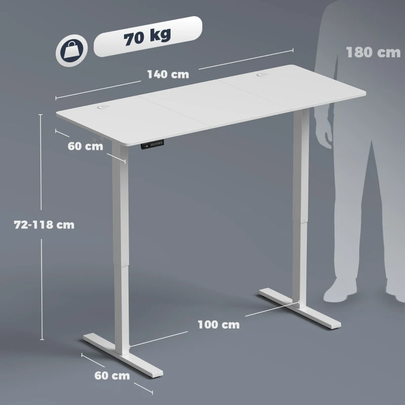 HOMCOM Escritorio Elevable Eléctrico 140x60 cm con 3 Memorias Pantalla LED 2 Ganchos y 2 Pasacables Blanco