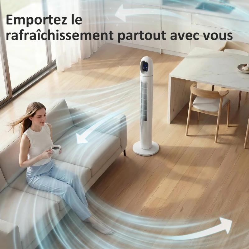 HOMCOM Ventilateur colonne, ventilateur tour pour chambre, 111 cm de haut, oscillant à 70°, 3 modes, 3 vitesses, blanc