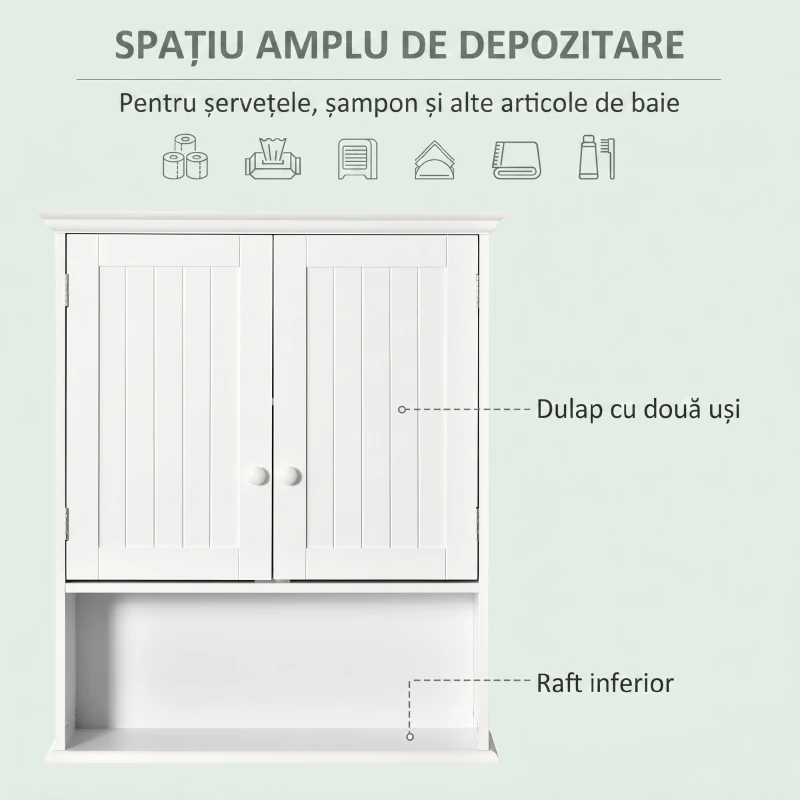 kleankin Dulap Suspendat pentru Baie cu Dulăpior cu 2 Uși și Raft Deschis, Poliță Internă Reglabilă, Alb