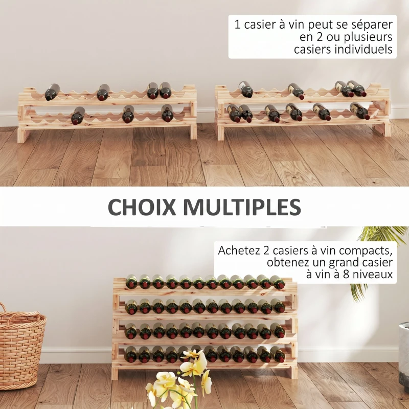 HOMCOM Casier à bouteilles pour 48 bouteilles, étagère à vin avec 4 niveaux modulable, 114×28×56,5cm, bois naturel