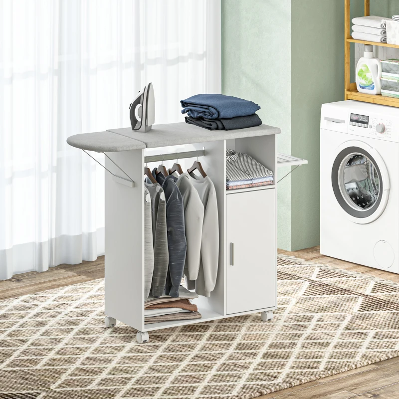 HOMCOM Móvel de Engomar de Madeira com Rodas Barra para Pendurar Roupa Prateleira Aberta e Tábua Dobrável 107x42,5x99 cm Branco