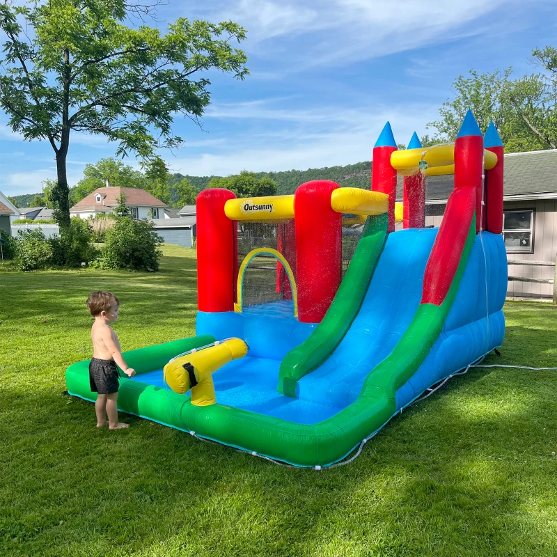 Outsunny Kids Inflatable Bouncy Castle Water Slide 5 in 1 Bounce House Jumping Castle Water Pool Gun Climbing Wall with Air Blower for Summer Playland
