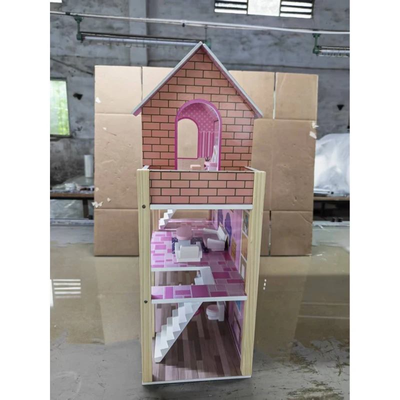 AIYAPLAY Casa de Bonecas em Madeira para Crianças Casa dos Sonhos para Meninas de 3 Andares com Varanda Escadas e 10 Acessórios Rosa