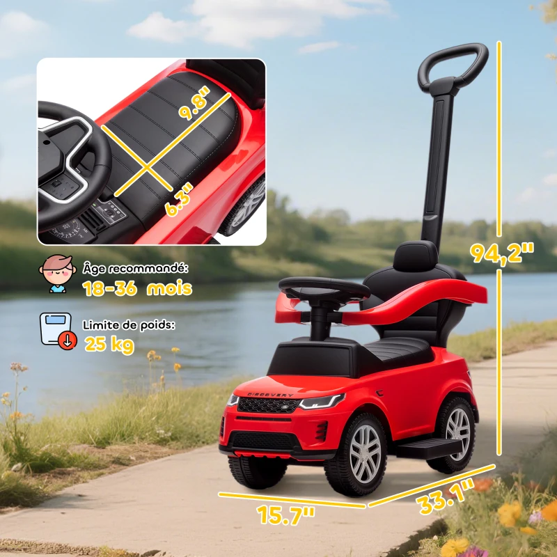 AIYAPLAY Porteur enfants Land Rover Discovery sous licence, porteur voiture à pousser avec poignée amovible, 84x40x94,5cm, rouge