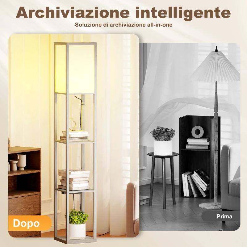 HOMCOM Lampada da Terra con Ripiani, Luce Regolabile, Interruttore a Pedale e Porte USB, Bianco e Rovere