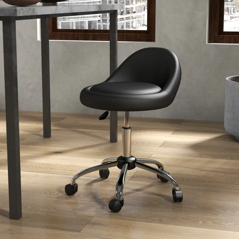 HOMCOM Sgabello con Ruote, Seduta Girevole, Altezza Regolabile e Rivestimento in Finta Pelle PU, Nero