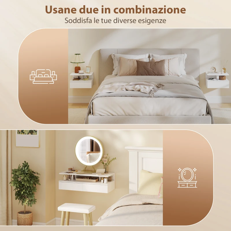 HOMCOM Set di 2 Comodini Sospesi con Cassetto e Mensola Aperta, 35x32x22.5 cm, Bianco