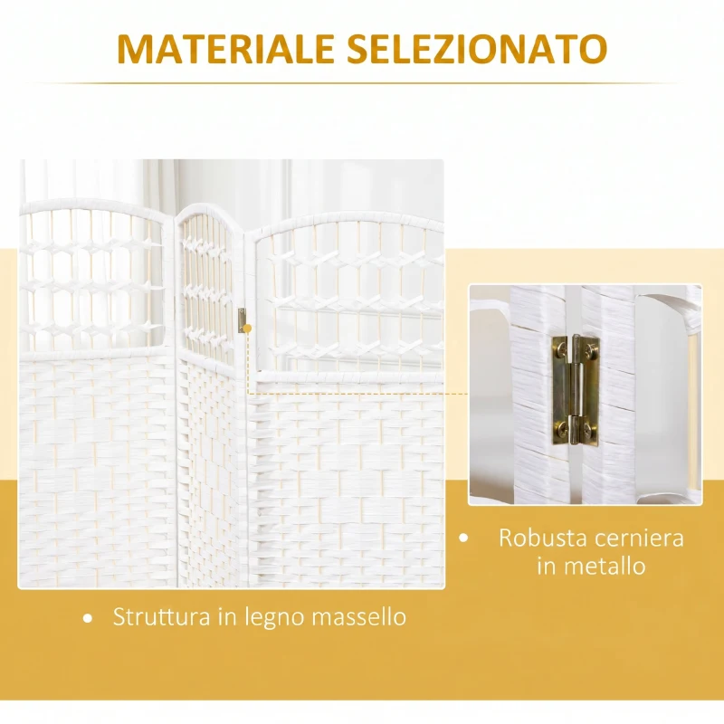 HOMCOM Paravento a 3 Ante Pieghevole per Interni, Autoportante e Intrecciato, 120x170 cm, Bianco