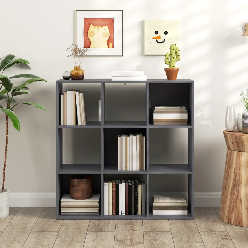 HOMCOM Bibliothèque, étagère de rangement à 3 niveaux avec 9 compartiments, pour salon, bureau, chambre, 91x29,5x91cm, gris