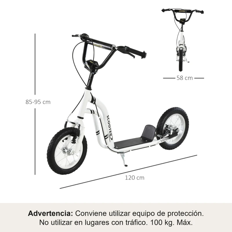 HOMCOM Patinete para Niños Mayores de 5 Años Scooter 2 Neumáticos Inflables de Caucho con Frenos Manillar Ajustable Pedal Antideslizante 120x58x85-95 cm Blanco