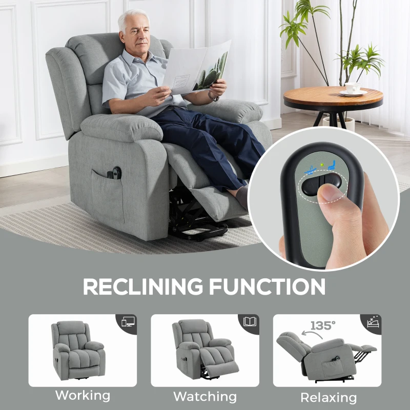 HOMCOM Power Lift Recliner Chair with Vibration Massage, Lift Chair for Elderly with Footrest, Remote, Side Pocket, Light Grey