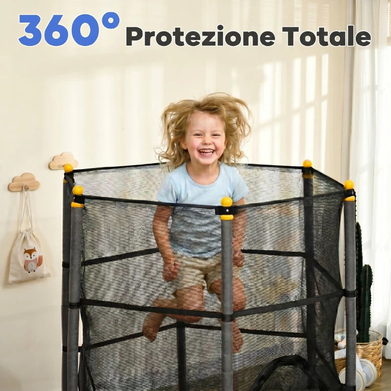 HOMCOM Trampolino Elastico per Bambini Ø1.6x1.9 m con Rete di Sicurezza e Pali Imbottiti, Età 3-10 Anni, Nero