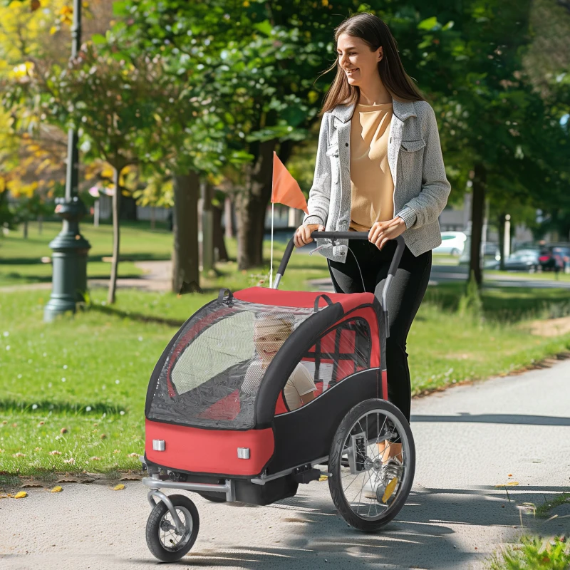 HOMCOM Remorque vélo enfant 2 en 1 avec ceinture de sécurité 5 points, réflecteurs, drapeau et rideau coupe-vent, rouge
