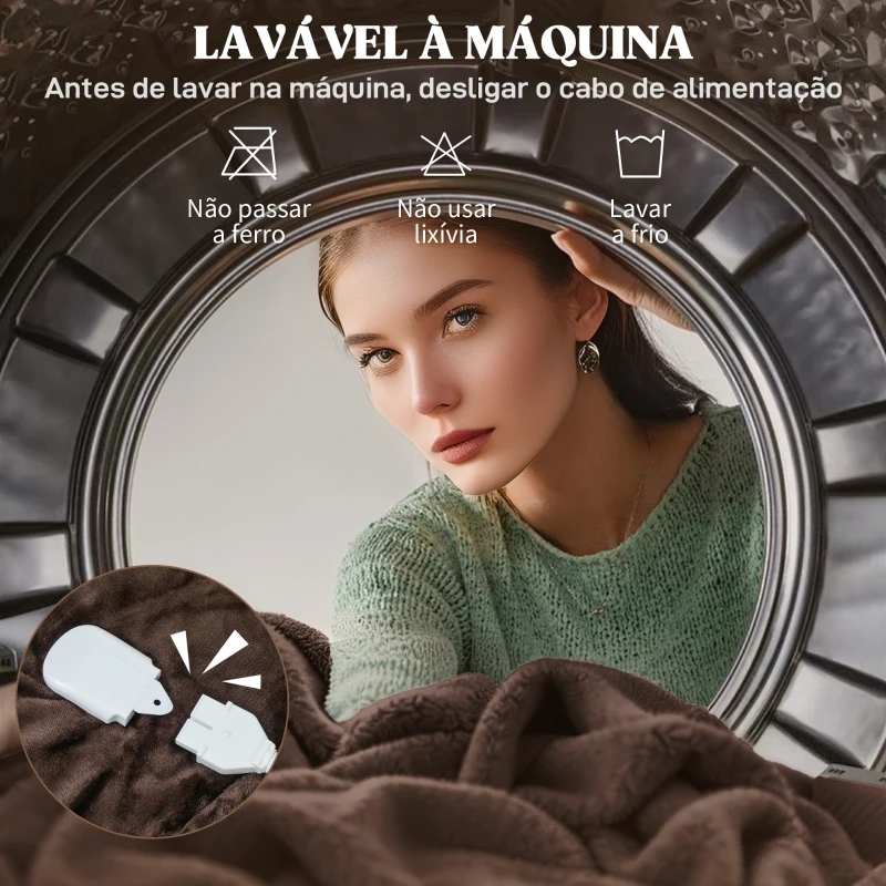 HOMCOM Manta Elétrica 180x130 cm Manta Térmica com Tecido Suave 10 Níveis de Temperatura e Temporizador Marrom
